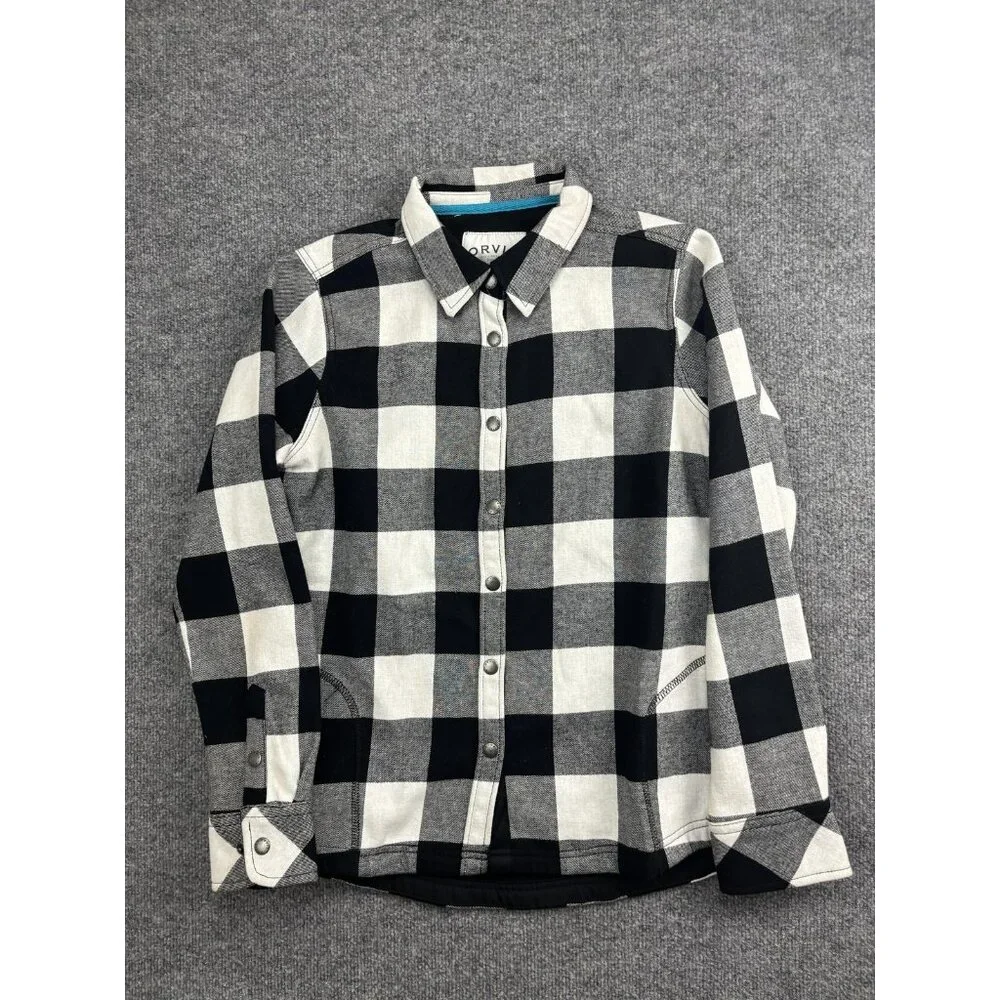 Orvis Shirt Jacket Mens Medium Black White Buffalo Plaid‎ Fleece Lined Snap